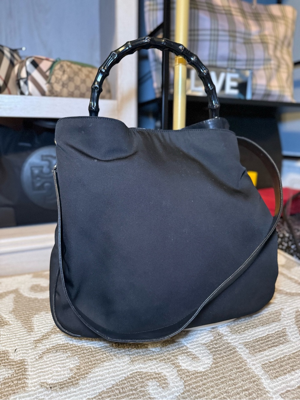 Gucci Vintage Black Bamboo-Handle Nylon Shoulder Bag with Strap